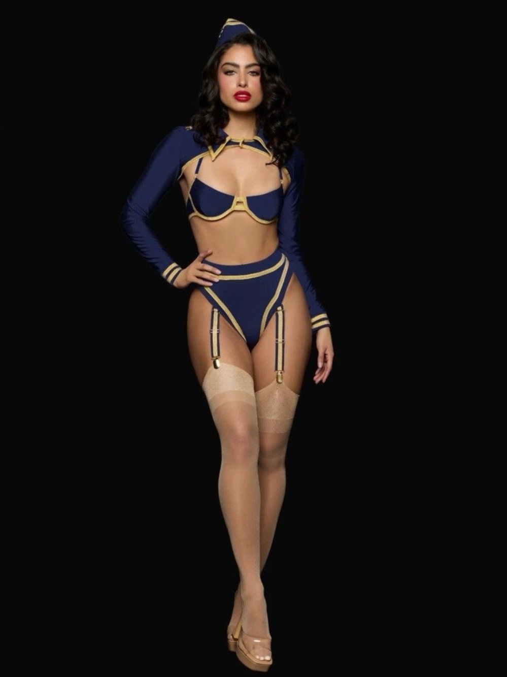 Frederick’s of Hollywood Flight Attendant Pilot Sexy Costume Navy Gold S/M NWT